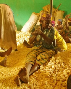 n accused witch clapping to the work music sitting on a bed of kernels.